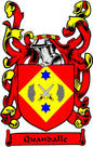 Family crest coat of arms magnet with red and gold shield and Quandalle banner