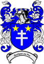 Coat of arms pinback with blue shield, two yellow stars, white cross, and banner text