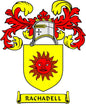 Rachadell family crest pinback: shield with crown and sun, RACHADELL banner
