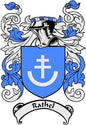 Rathel family crest magnet with blue shield, cross, and banner text