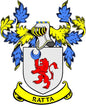 Ratta family crest arms magnet with shield and red lion, blue and yellow flourishes