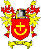 Family crest enamel pinback with red shield, gold cross, and RATULD ribbon