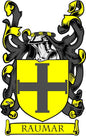 3-inch Raumar family crest coat-of-arms magnet with shield, lion supporters, and banner