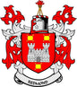 Redmond family crest coat arms magnet with red and white shield and black scrollwork