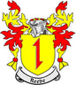 Reede family crest coat of arms pinback with yellow shield and red flame details