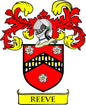 Reeve coat of arms pinback: red shield with black gate pattern, yellow crest banner REEVE
