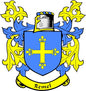 Coat of arms pinback with blue shield, gold cross, and Remel ribbon