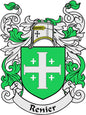 Renier family crest pinback with green shield and white cross emblem