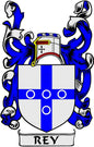 Rey family crest enamel coat of arms pinback with blue-and-white shield and helmet
