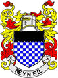 Reynell family crest coat-of-arms magnet with blue checkered shield and red yellow banner