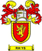 Coat of arms pinback badge with red lion shield, gold trim, and RHYS ribbon