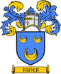 Rider family crest coat arms magnet with blue-and-gold shield and RIDER banner