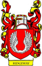 Red and gold family crest coat arms magnet with wings and RIDGEWAY banner