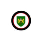 Round coat-of-arms crest magnet with green shield, gold lion, black border, red ring