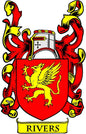 Red and gold coat of arms pinback with lion crest and scroll reading RIVERS