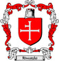 Family crest arms magnet: red shield with white cross, ribbons and crest banner.