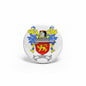 Robert family crest pinback with red shield, yellow lion, blue flourishes, ribbon banner
