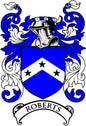 Blue and white Roberts coat of arms shield pin with three stars and ribbon banner