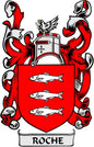 Roche family crest arms magnet, red shield with fish, winged helmet, ROCHE banner