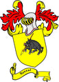 Rossal coat-of-arms magnet with yellow shield, red wings, black wolf, and banner