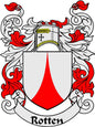 Coat of arms magnet with red-and-white shield and Rotten crest, ribbon top
