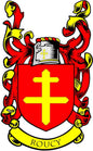Roucy family crest coat of arms magnet, 3-inch red shield with gold cross and ribbon