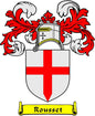 Rousset family crest pinback: white shield with red cross, red flames, scroll banner