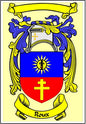 Roux coat of arms pinback: blue and red shield with gold scrollwork, sun and cross, Roux text