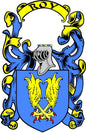Heraldic family crest magnet with blue shield, yellow flames, helmet, and gold banner