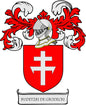 Coat of arms pinback: red shield with white crosses and white helmet, with name ribbon.