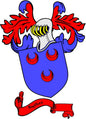 Blue coat of arms crest pinback with red and blue flames, crown, and banner ribbon