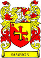 Family crest coat of arms magnet: red shield with cross, gold wings, ribbon text “SAMpson”