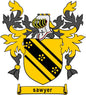 Sawyer family crest coat of arms pinback with yellow and black shield and ribbon banner