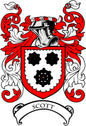 Heraldic family crest magnet with red, white, and black shield and SCOTT banner