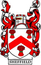 Red and white coat of arms pinback with crest shield and ribbons, Sheffield text