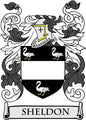 Sheldon coat of arms pinback with black-and-white shield, gold crown, “SHELDON” banner