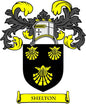 3-inch family crest coat of arms magnet with black shield, yellow flames, and SHELTON text
