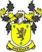 Yellow family crest coat of arms magnet with lion, green leaves, and SHERMAN ribbon