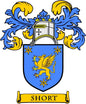 Family crest shield badge with blue lions, yellow border, and ribbon text 'SHORT'