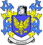 Blue family crest pin with gold eagle on a shield and SHULDAM ribbon