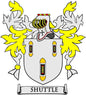 Heraldic family crest magnet with yellow shield, red details, and banner reading SHUTTLE