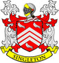 Singleton family crest coat of arms pinback with red-and-white shield and ribbon badge