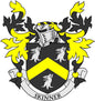Skinner family crest pinback button with detailed coat of arms shield and yellow accents