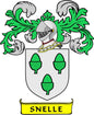 Green and white family crest arms magnet with shield and SNELLE banner