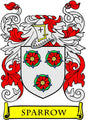 Sparrow family crest coat of arms enamel pinback with shield, red flowers, banner