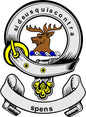Round coat of arms pinback with deer emblem, circular text ring, and Spens banner