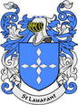 Family crest pinback with blue shield, star cross, banner, and braided crown emblem