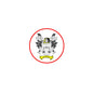 Round red-bordered family crest coat of arms magnet with shield and scales design