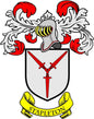 Family crest coat of arms magnet, gray shield with red flames and red sword, STAPLETON banner