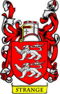Coat-of-arms magnet with red shield, white lions, and ribbon reading STRANGE
